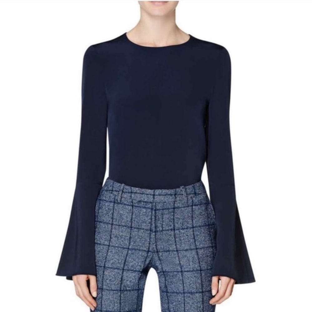 Suistudio 34 navy 100% silk flared long sleeve top